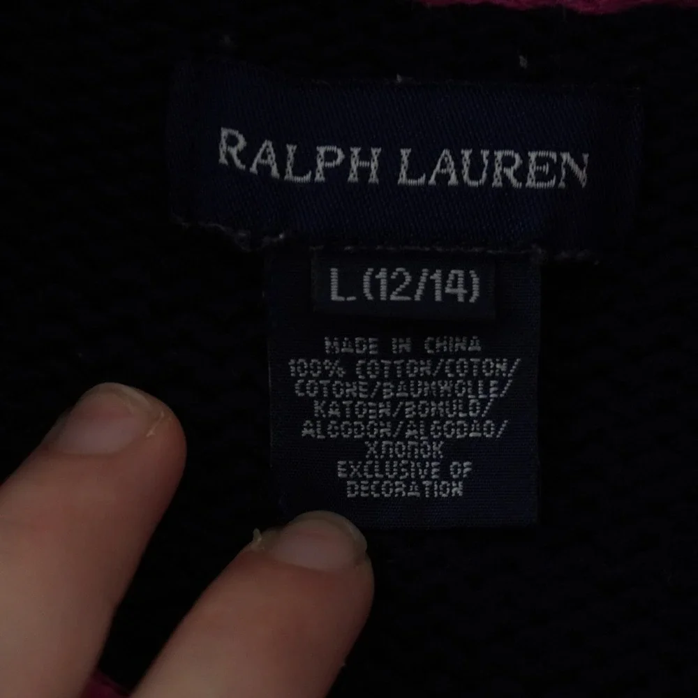 Ralph Lauren Zip Up Sweater Girls Large 12/14 Pink Navy Striped Knit Pony